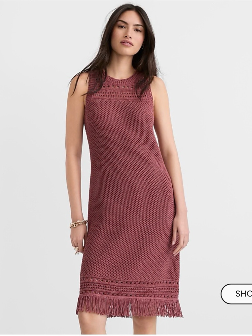 LOFT Fringe Pointelle Sleeveless Mini Sweater Dress in Apple Butter